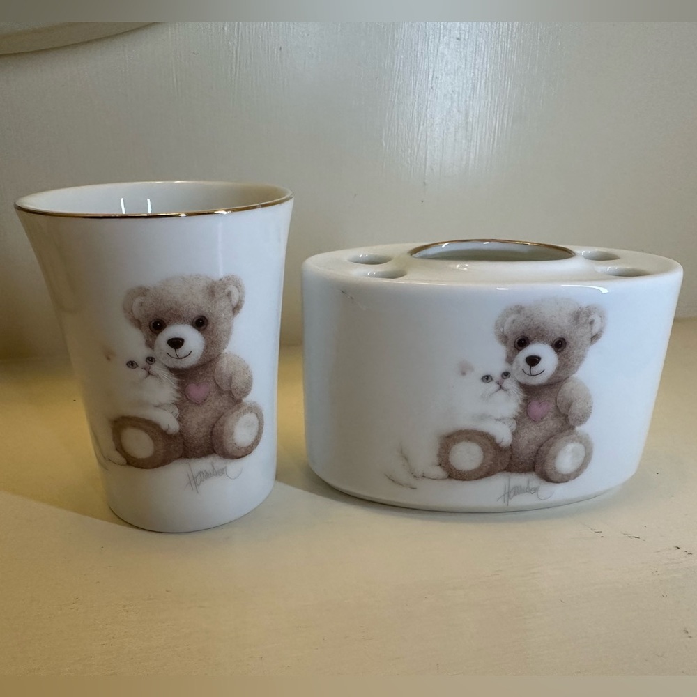 OMC otagiri bear with cat bathroom counter vintage porcelain set of 2!